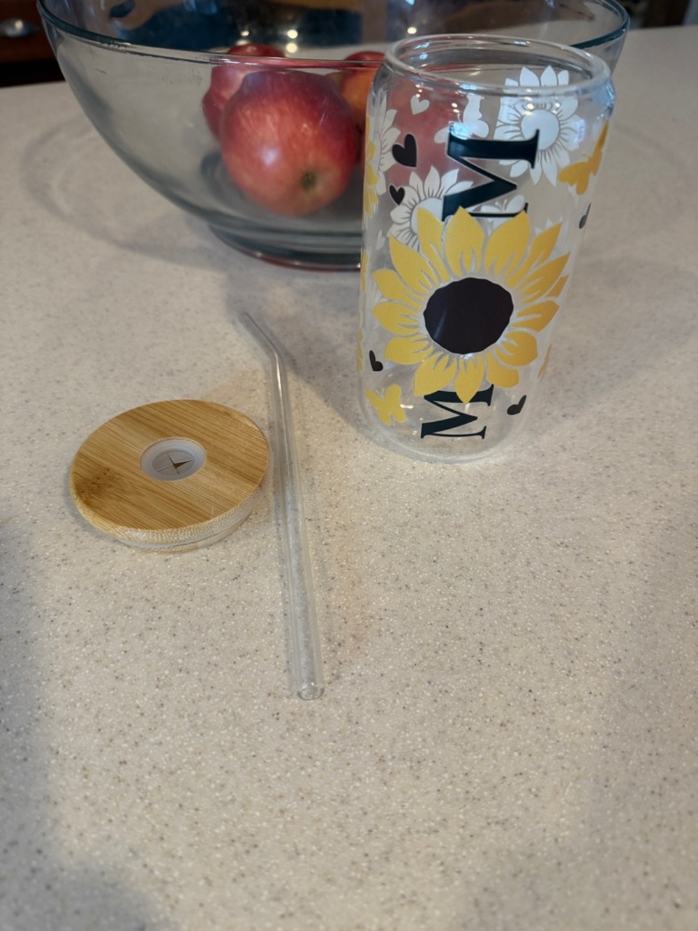 Sunflower MOM Glass 16oz with Wooden Lid - Yellow Floral salt & Pepper w sign